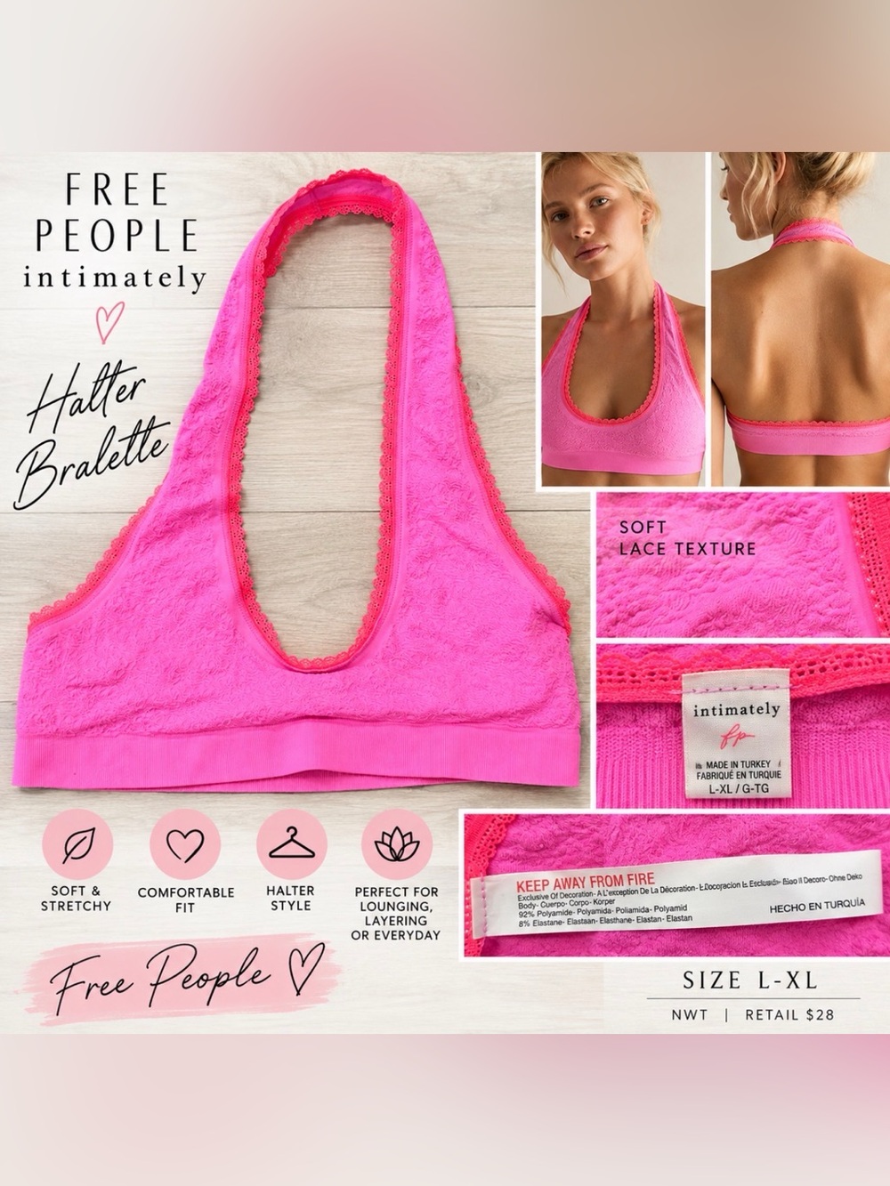 Free People Intimately Neon Pink Lace Halter Bralette NWT L/XL